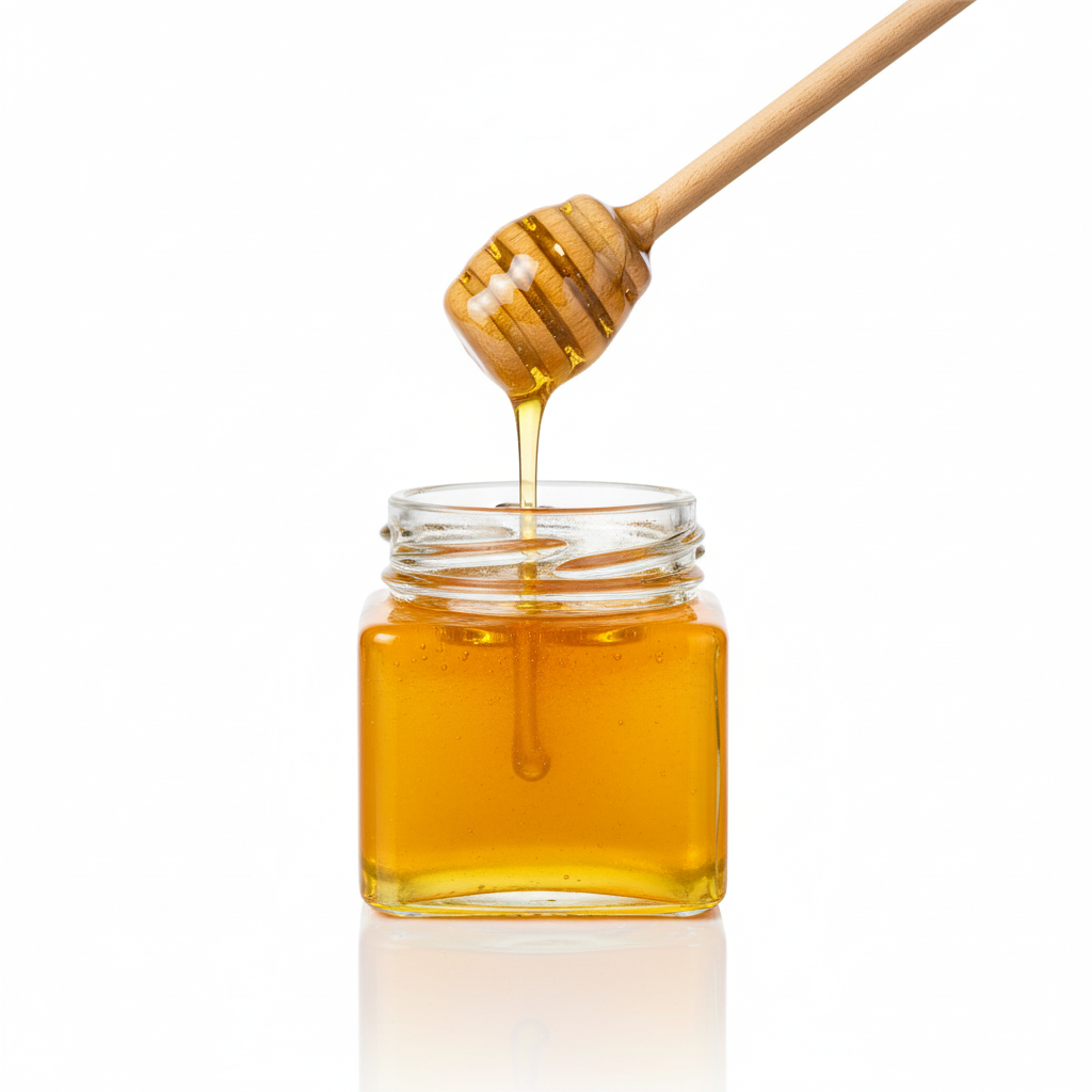 Frasco cuadrado 80ml con miel mostrando uso final
