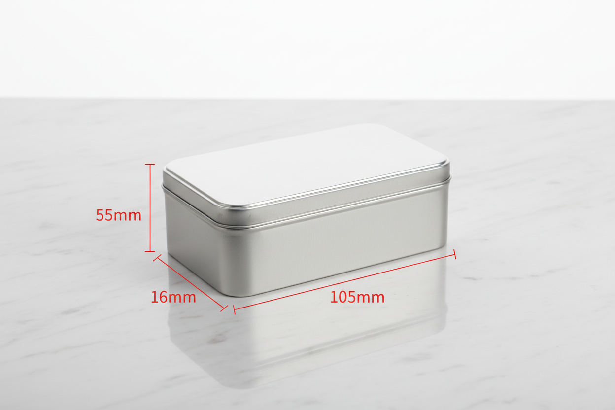 Caja metálica rectangular 168x105x55 mm con guías de medidas externas en rojo — dimensiones exactas