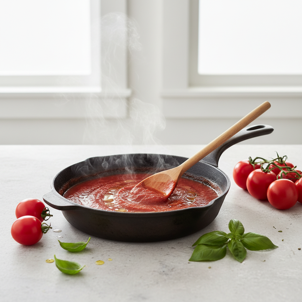Salsa de tomate californiano en preparación con albahaca fresca