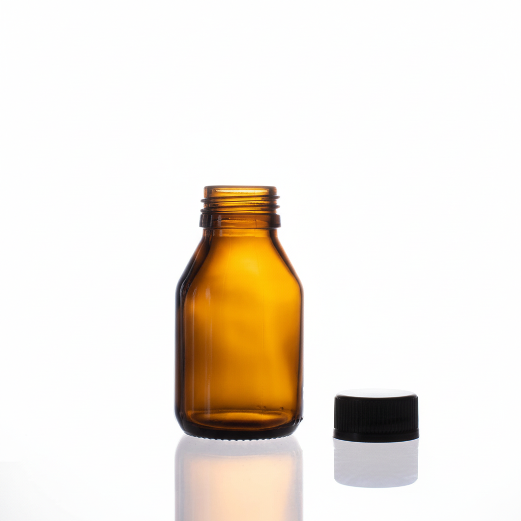 Envase de vidrio ámbar HX60F 60ml con tapa plástica negra al lado