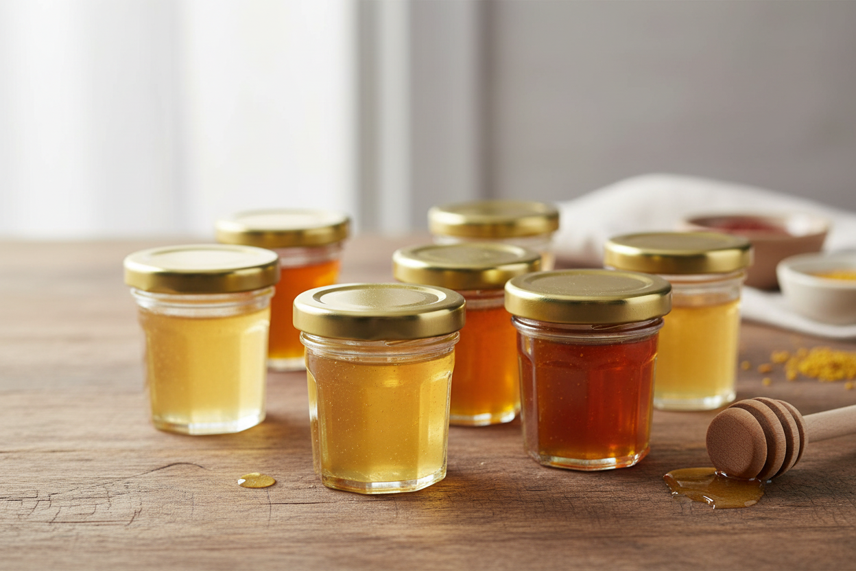 Frascos mini con productos artesanales en mesa