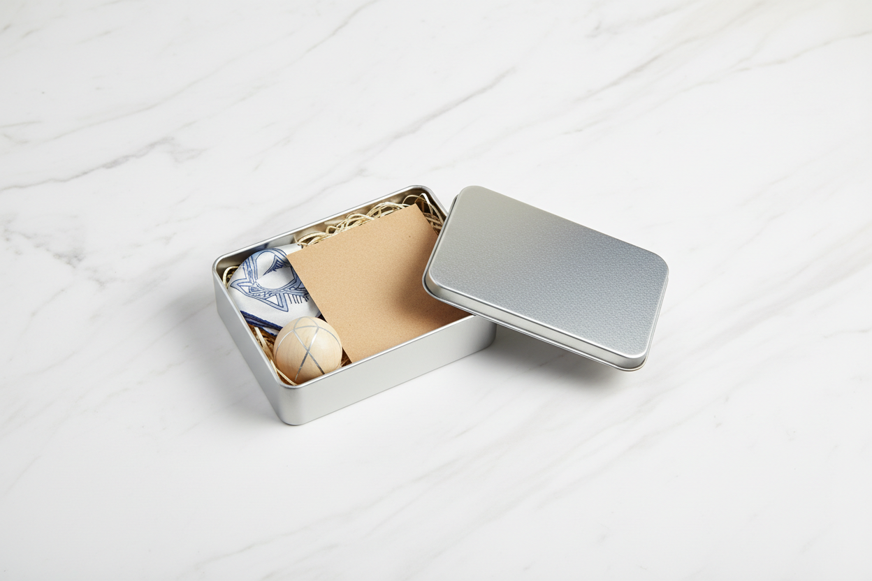 Caja metálica plateada abierta con souvenir premium — pañuelo de seda, adorno y tarjeta kraft sobre mármol blanco
