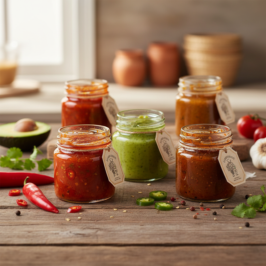 Envases mini con salsas artesanales en mesa de madera ambiente lifestyle