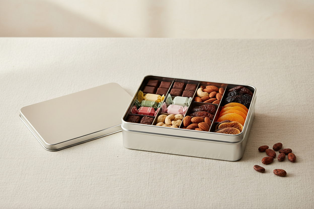 Caja metálica plateada abierta con chocolates artesanales, frutos secos y dulces en capas — uso para alimentos gourmet