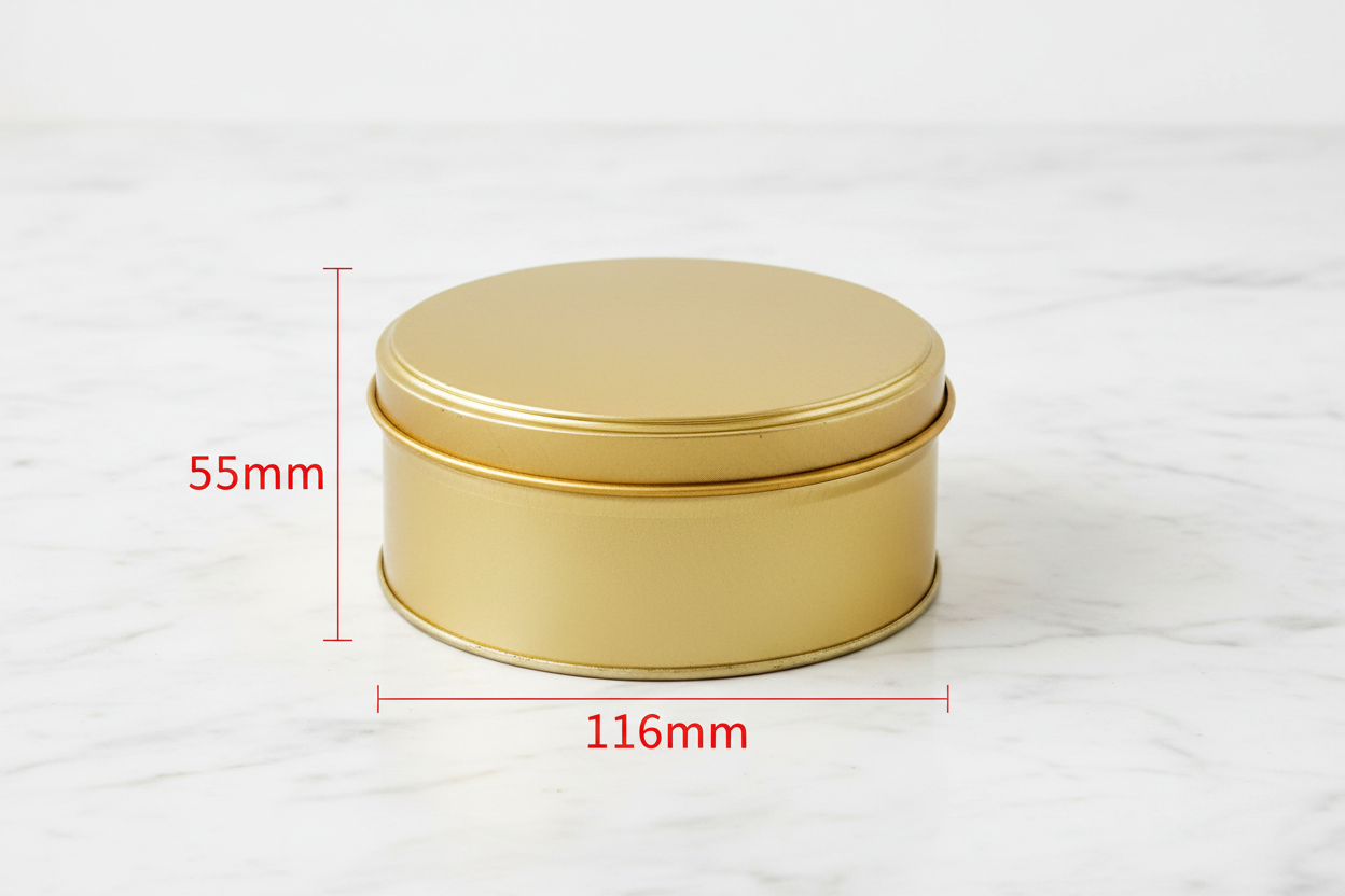 Caja metálica redonda 116mm diámetro x 55mm alto con guías de medidas externas en rojo — dimensiones exactas