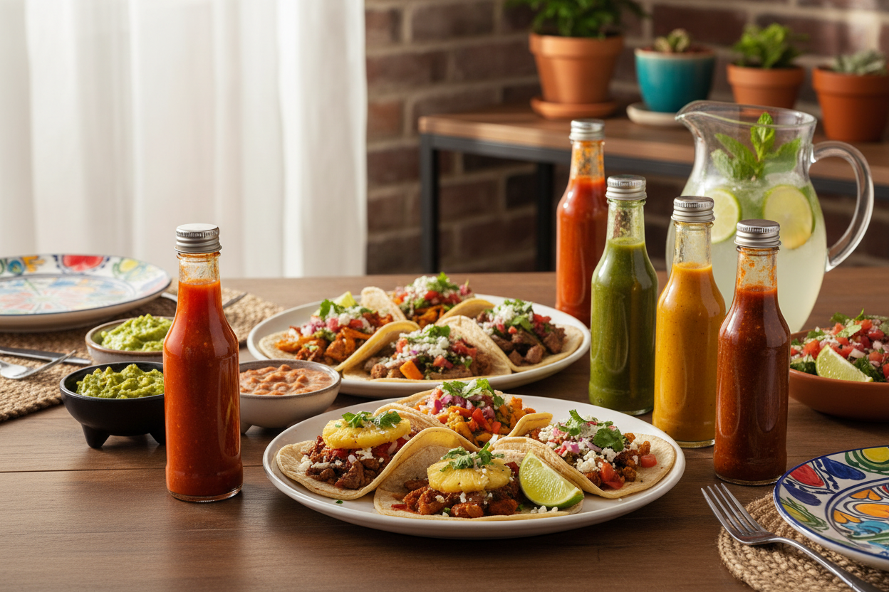 Mesa de comida con tacos y botellas de vidrio con salsas picantes