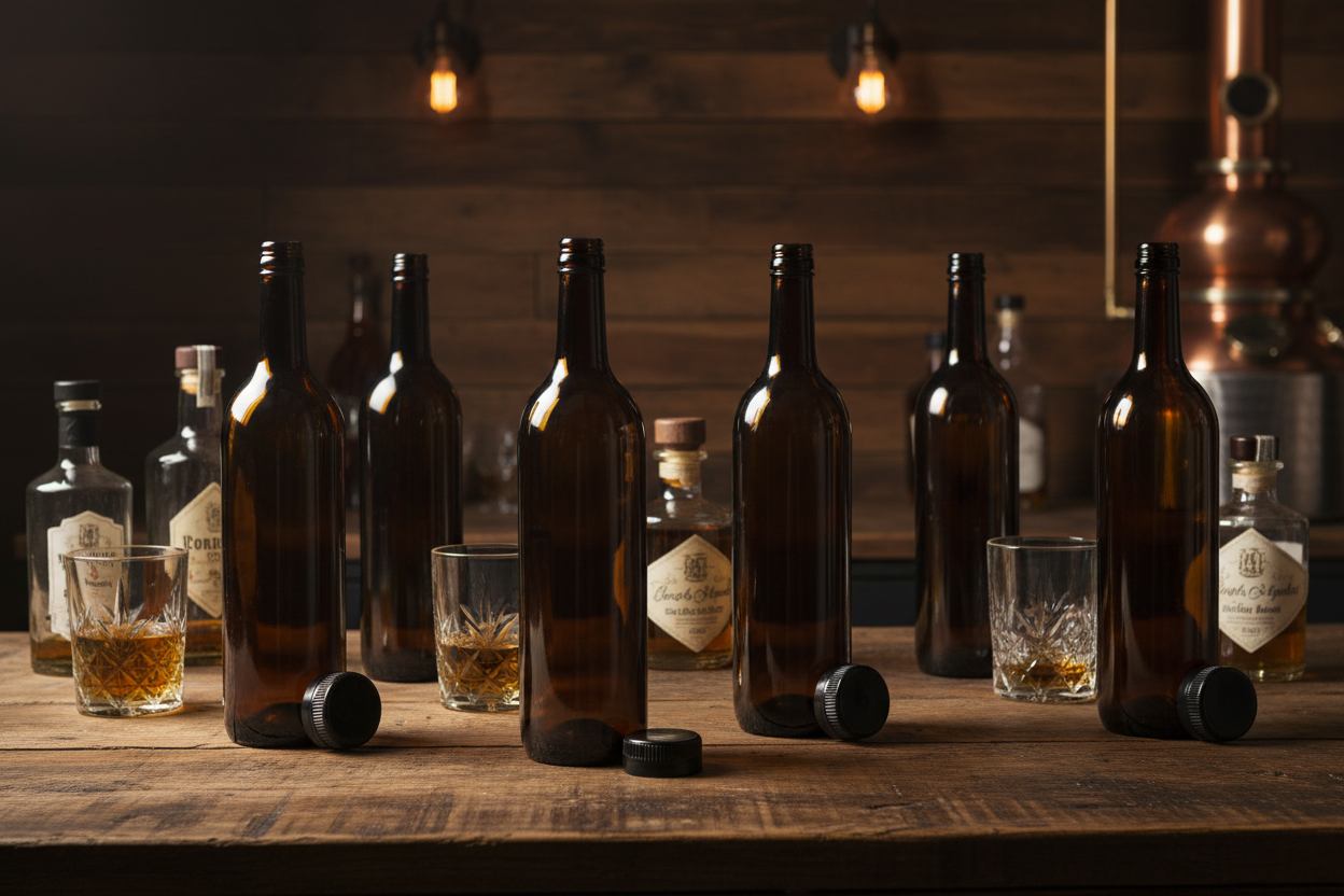 Botellas de vidrio ámbar 2312 750ml en contexto de bar y destilería artesanal