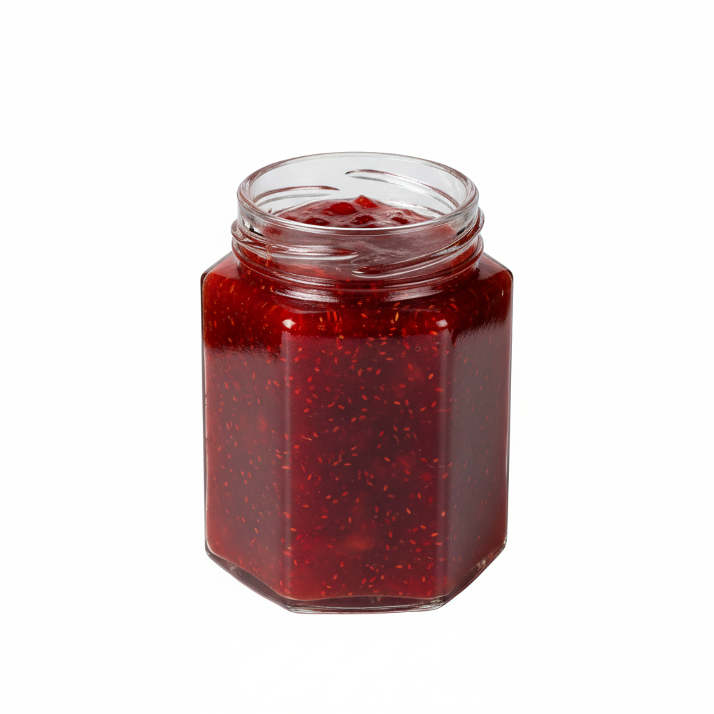 Envase de vidrio hexagonal Flint 110ml con mermelada mostrando transparencia del vidrio