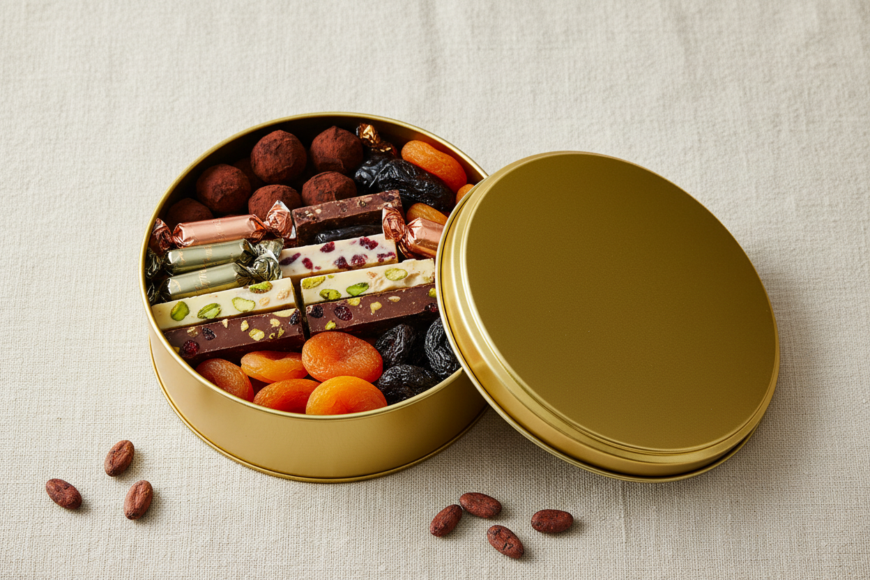 Caja metálica dorada abierta con chocolates artesanales y frutos secos — uso para alimentos gourmet