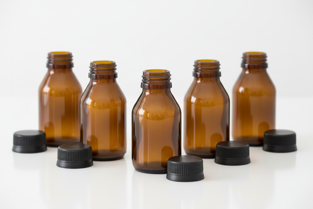 Envases de vidrio ámbar HX60F 60ml en contexto de laboratorio farmacéutico