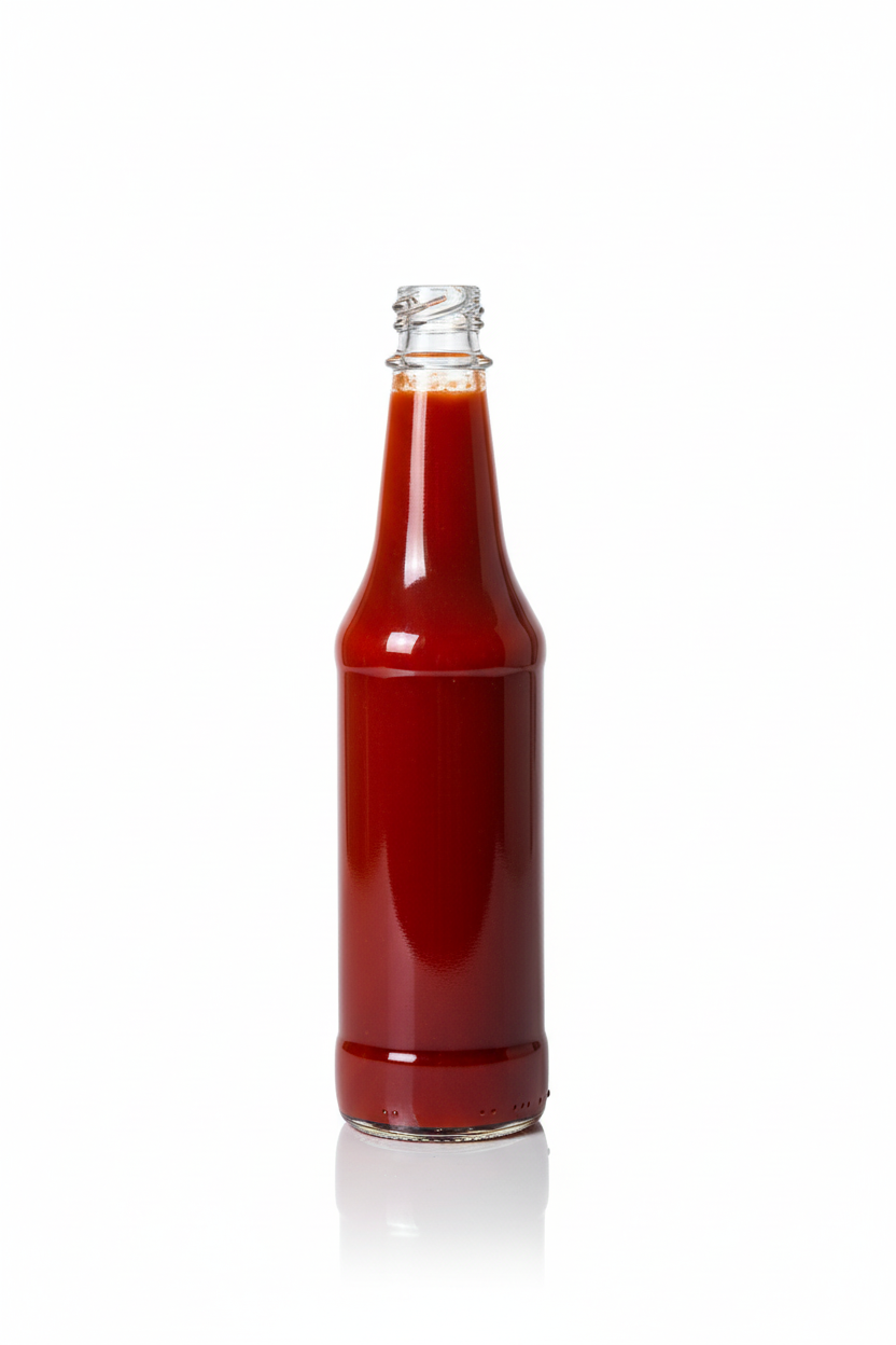 Botella de vidrio transparente 90ml llena con salsa picante