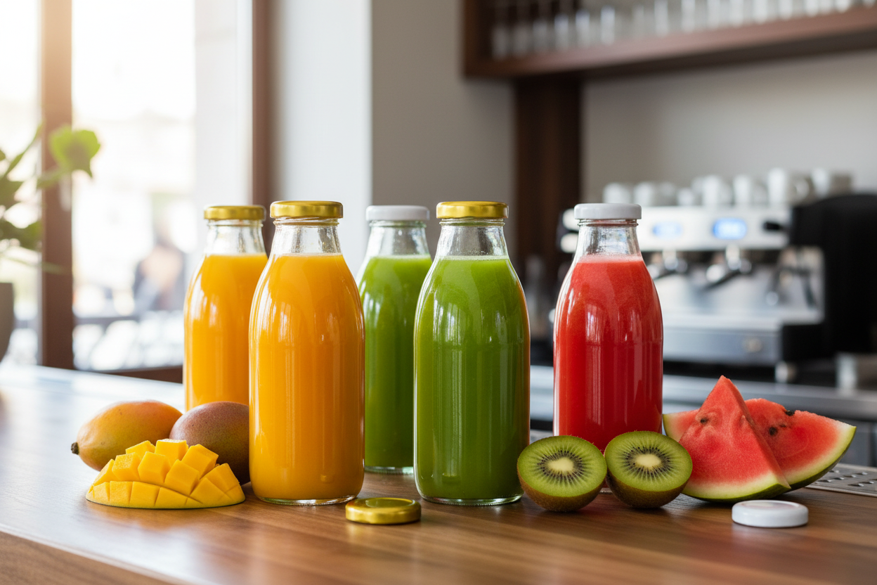 Botellas de vidrio con jugos naturales en restaurante profesional