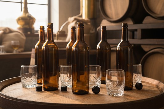 Botellas de vidrio ámbar 2312 750ml en contexto lifestyle destilería artesanal