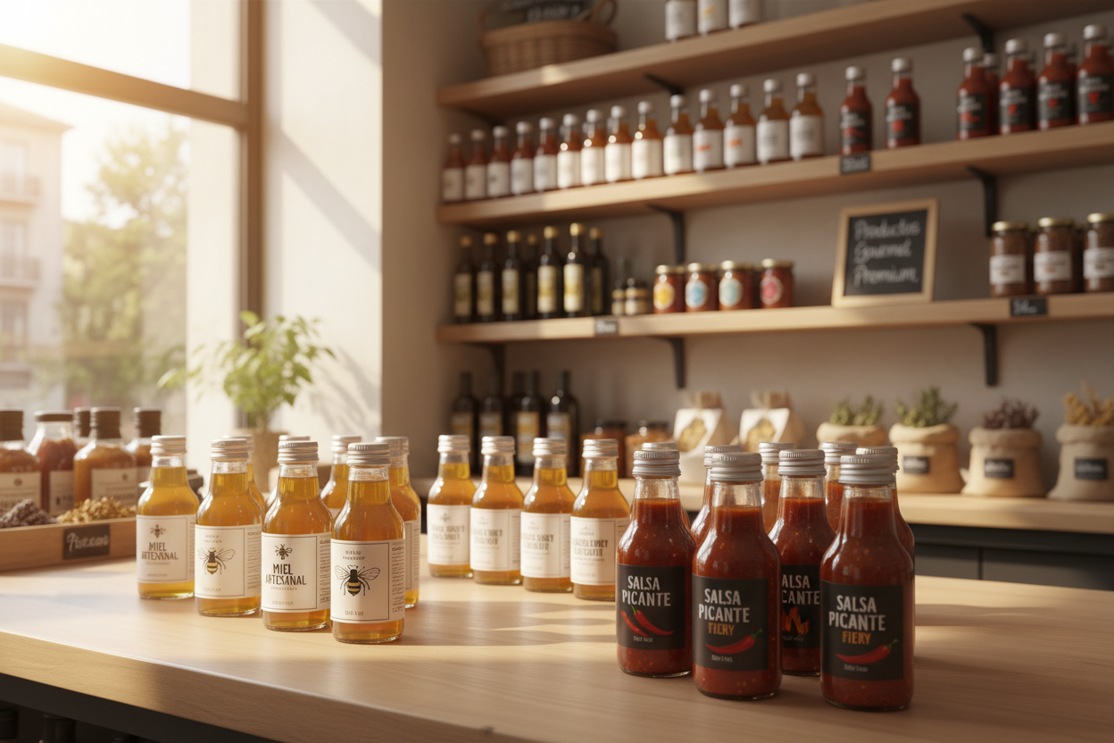 Botellas de vidrio con miel y salsas en tienda gourmet