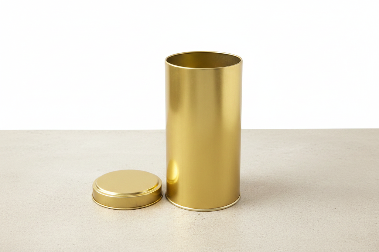 Caja metálica dorada alta abierta y vacía con tapa plana a un lado — interior cilíndrico profundo visible