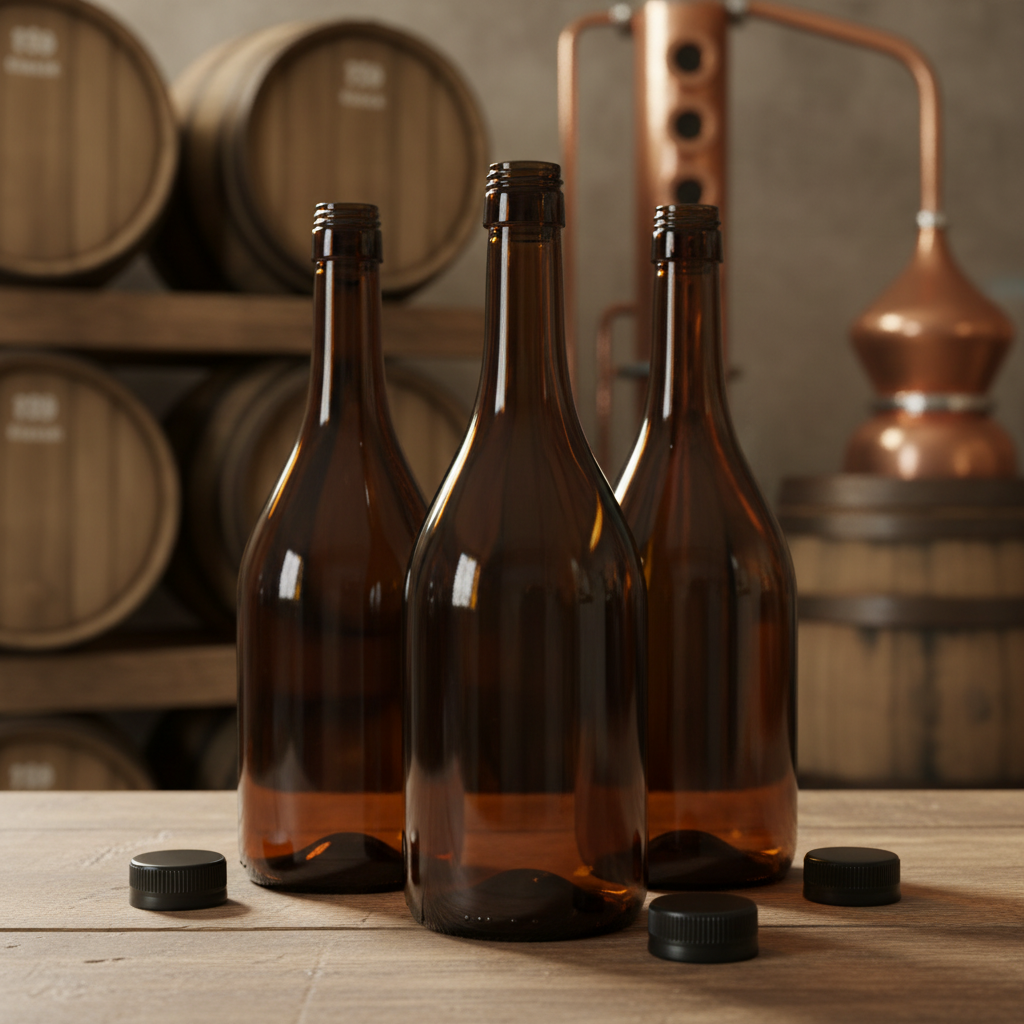 Botellas ámbar en contexto destilería artesanal