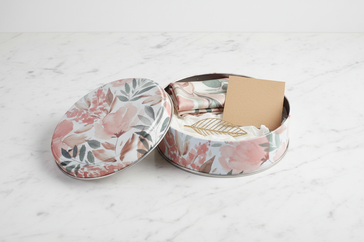 Caja metálica flores rosadas abierta con kit de regalo premium — pañuelo, adorno y tarjeta kraft