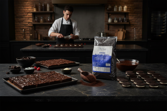 Cocoa negra en contexto de repostería gourmet con brownies ultra-oscuros y galletas negras