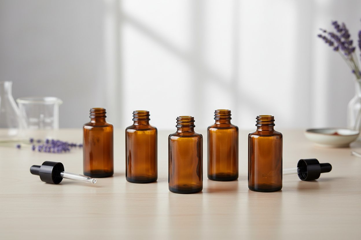 Envases de vidrio ámbar MB30FC 30ml en contexto de estudio de aromaterapia y cosmética