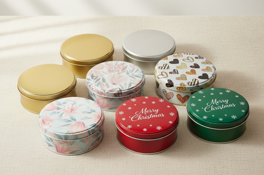 Caja metálica redonda 141x55 mm en 9 diseños: dorado, plata, lirios, flores rosadas, corazones y navidad — vista general de variantes