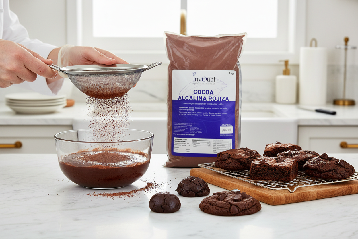 Cocoa rojiza en contexto de repostería gourmet con brownies y galletas premium