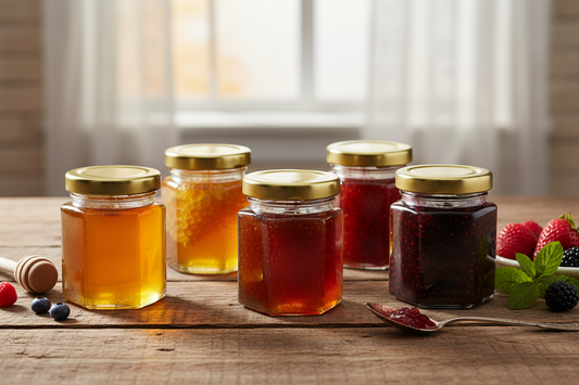 Frascos hexagonales pequeños con productos artesanales en mesa