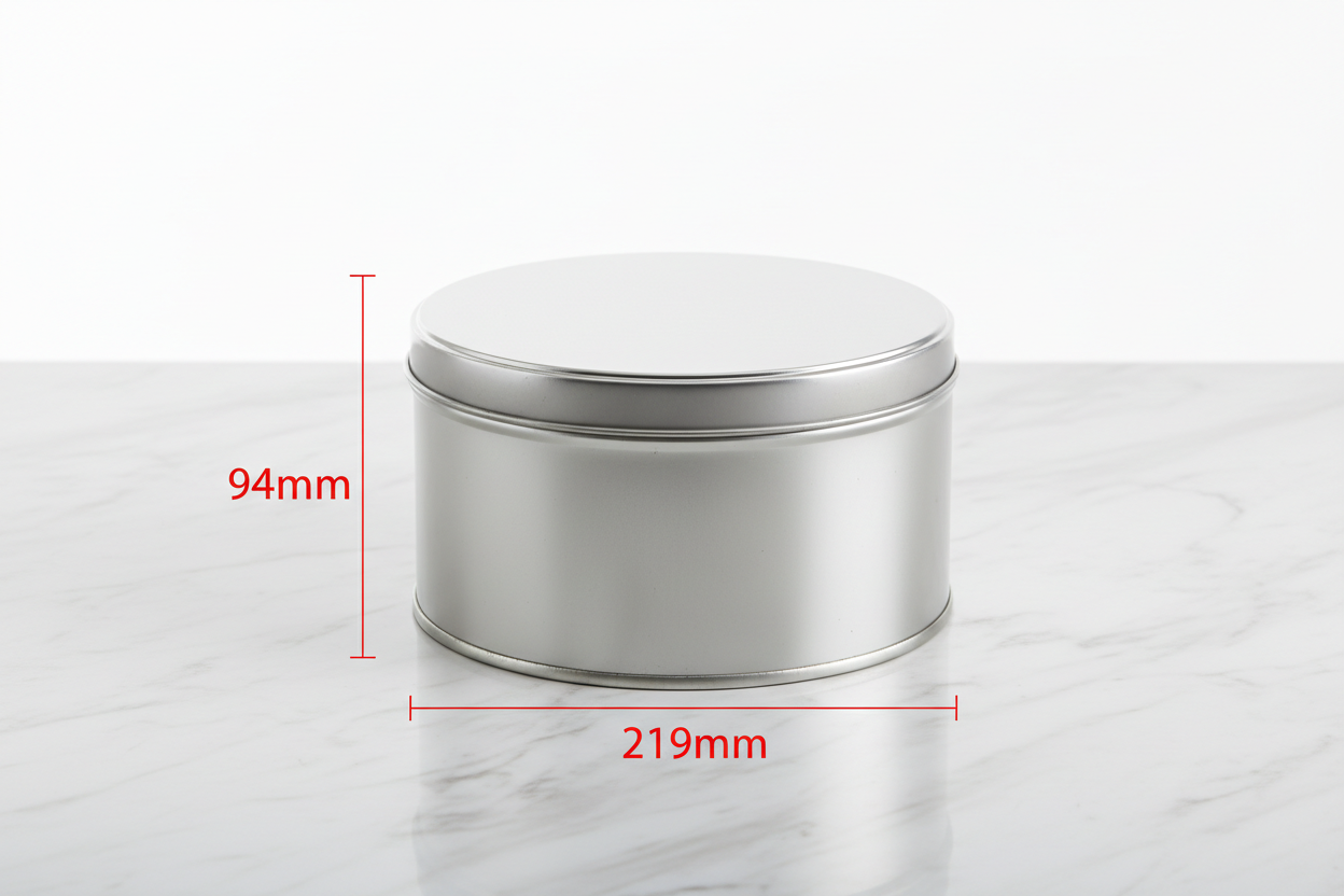 Caja metálica redonda 219mm diámetro x 94mm alto con guías de medidas externas en rojo — dimensiones exactas