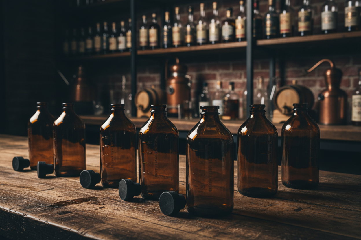 Envases de vidrio ámbar 339ml en contexto de bar y destilería artesanal