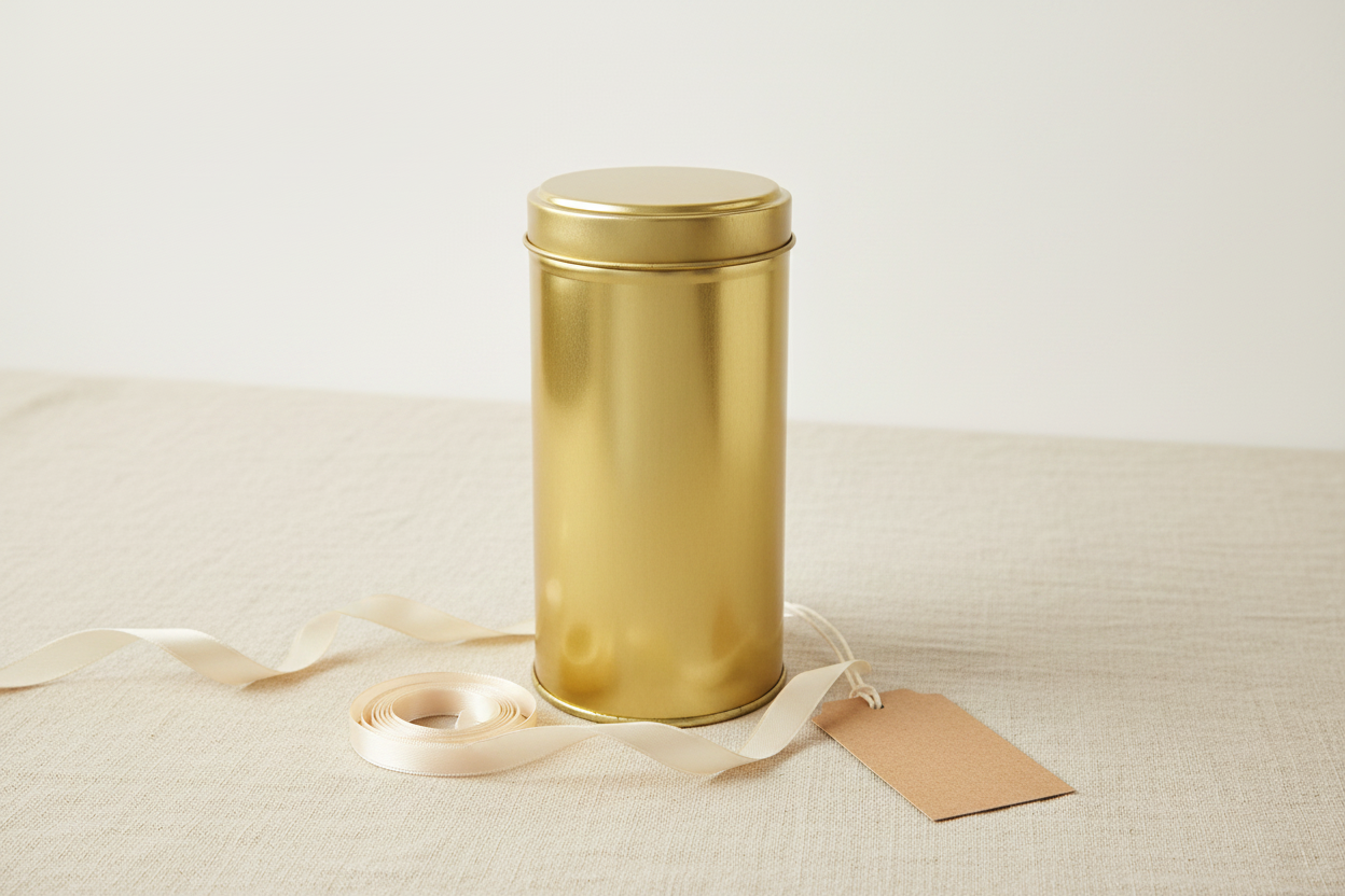 Caja metálica dorada 88x154 mm cerrada sobre lino beige — vista general editorial formato tubo alto