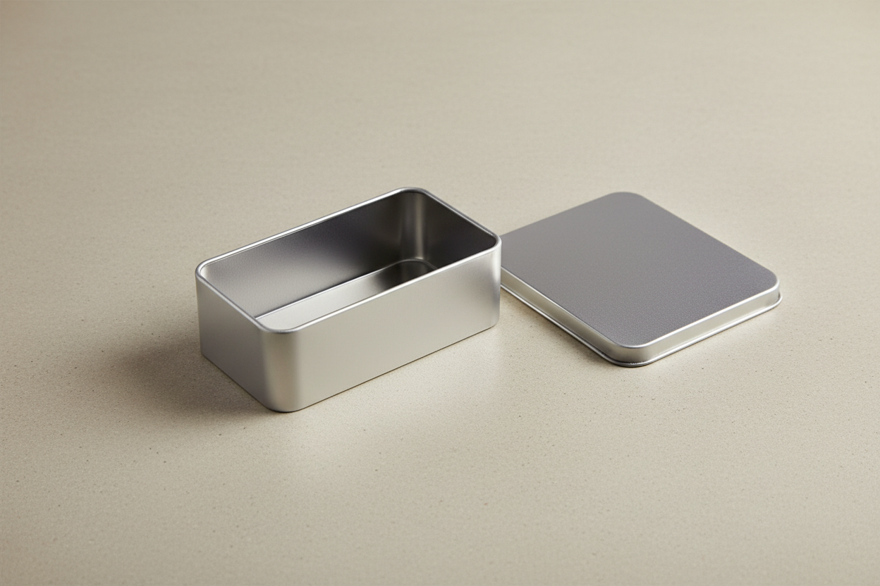 Caja metálica plateada rectangular abierta y vacía con tapa plana a un lado — interior visible