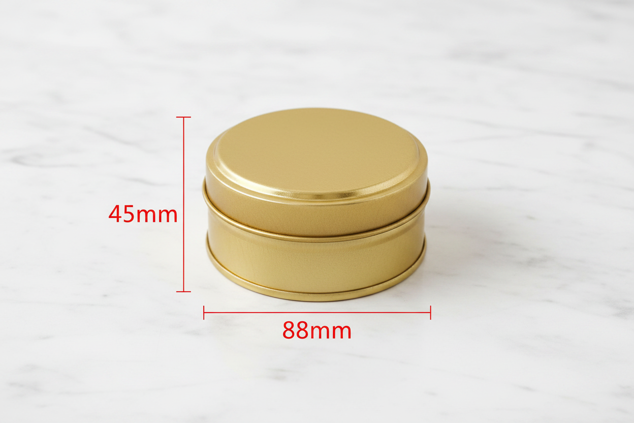 Caja metálica redonda 88mm diámetro x 45mm alto con guías de medidas externas en rojo — dimensiones exactas