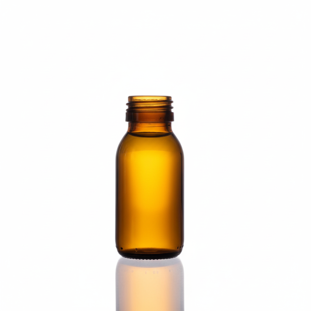 Envase de vidrio ámbar 60ml con líquido dorado, sin etiqueta