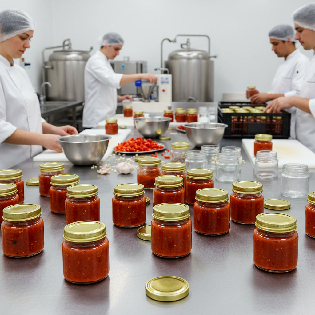 Envases de vidrio 50ml en cocina industrial profesional para producción de salsas