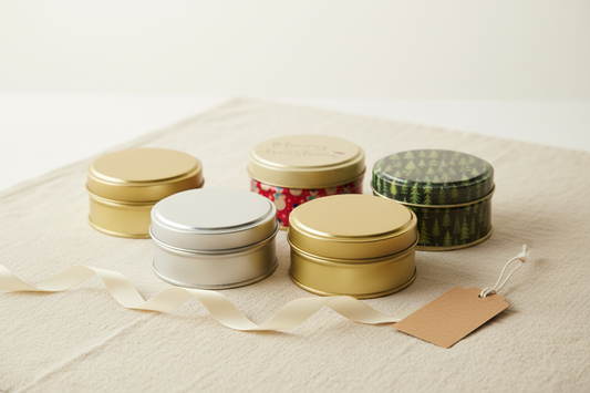 Caja metálica redonda 88x45 mm en 4 variantes: estaño, dorado, muñecos rojo y árboles verdes — vista general