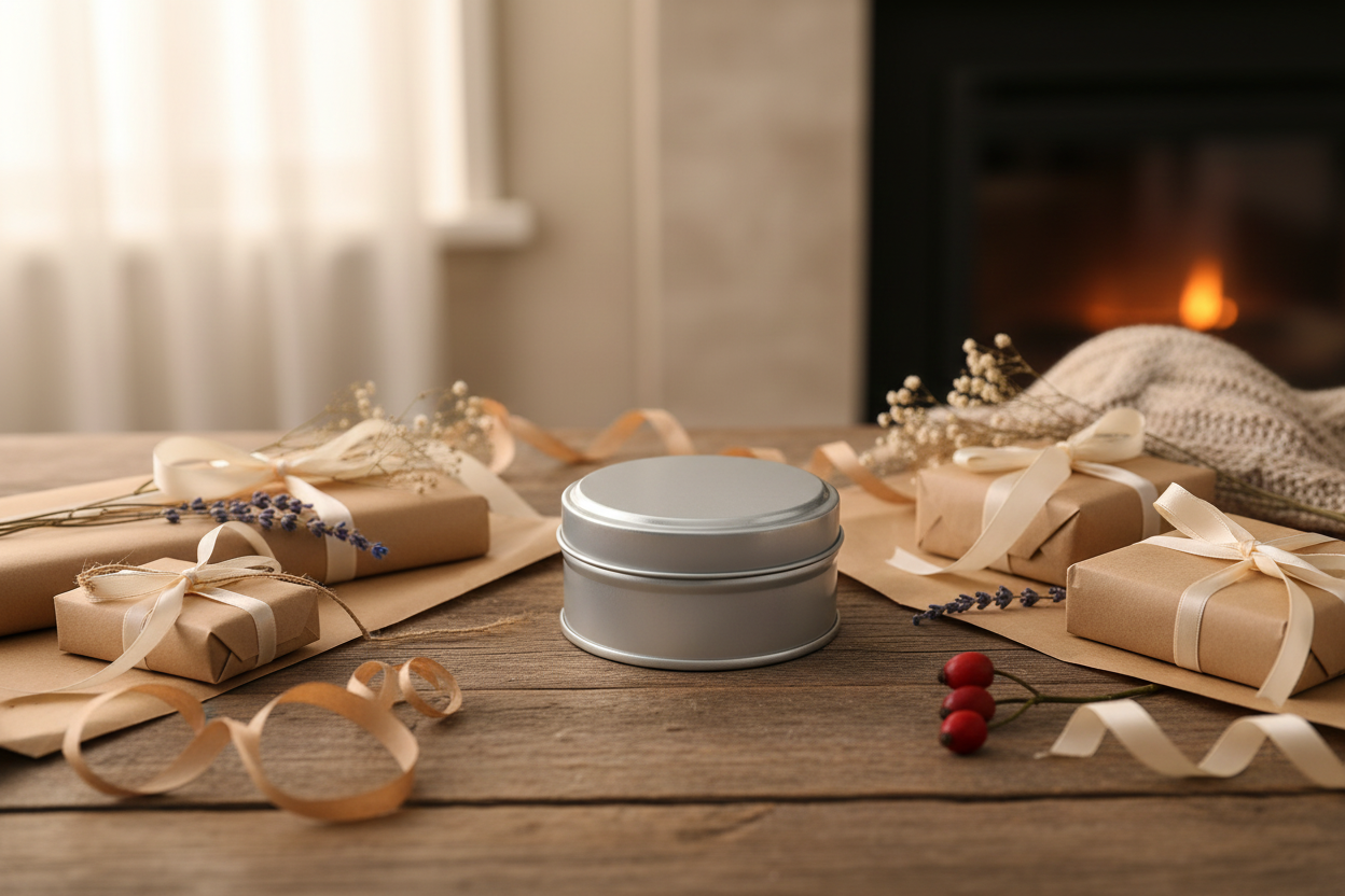 Caja metálica 88x45 mm en contexto lifestyle de regalo
