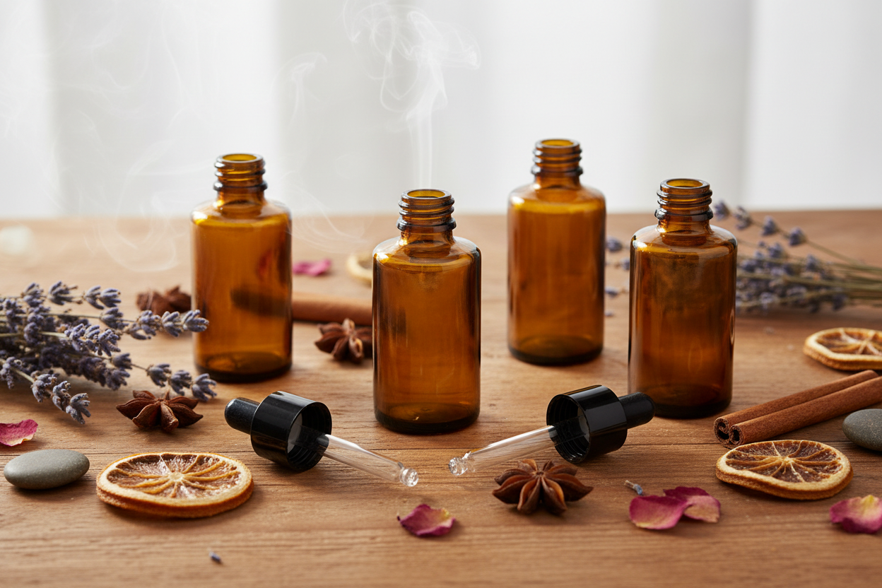 Envases de vidrio ámbar MB30FC 30ml en contexto lifestyle apotecario con flores y botánicos