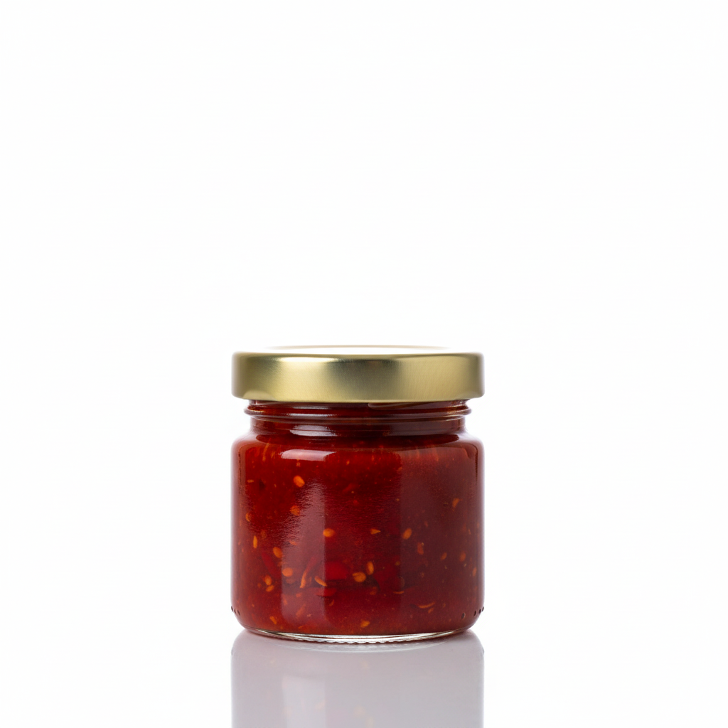 Envase de vidrio 50ml con tapa metálica dorada Twist Off mostrando producto terminado