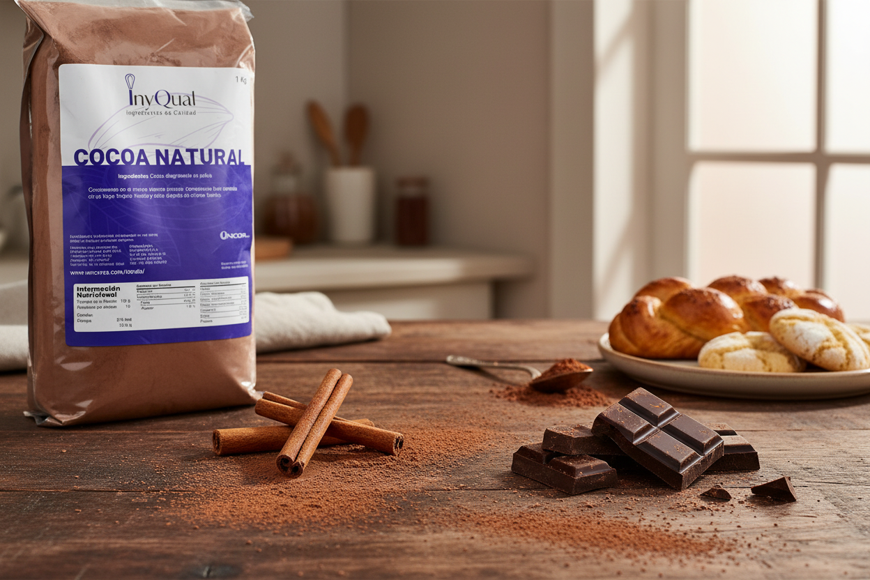 Cocoa natural en mesa rústica con cacao y productos artesanales