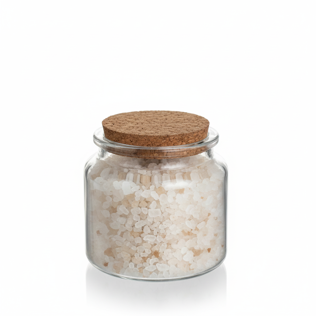 Envase de vidrio transparente 90ml con sales blancas, sin etiqueta
