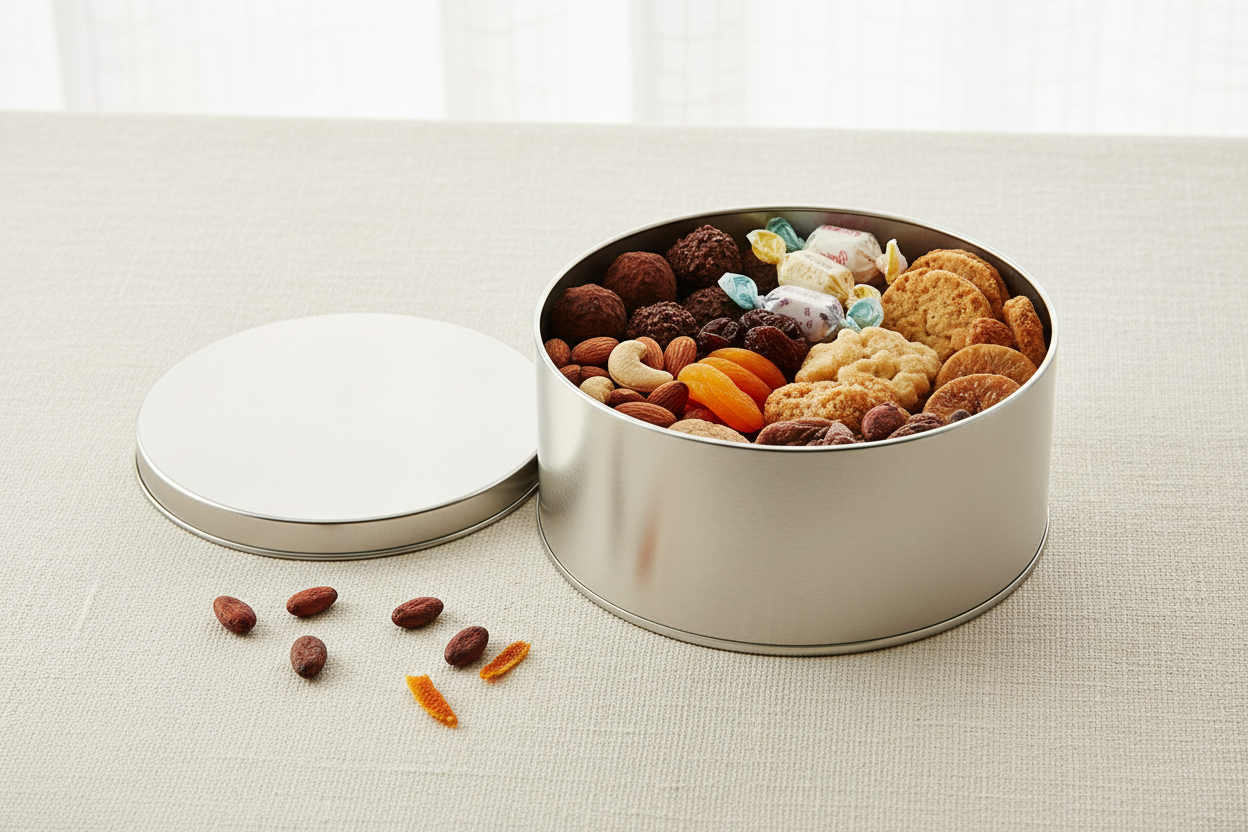 Caja metálica plateada abierta con surtido gourmet en capas — chocolates, galletas, nueces y frutos secos