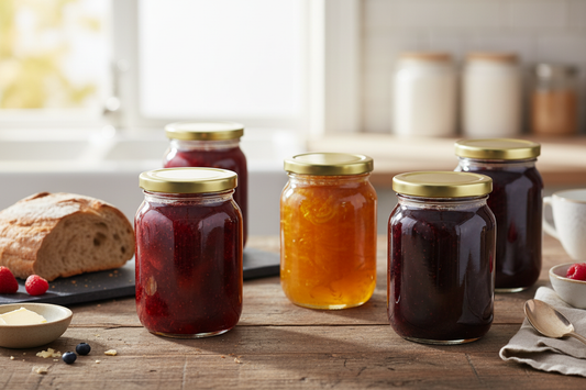 Frascos con mermeladas y postres en mesa de desayuno
