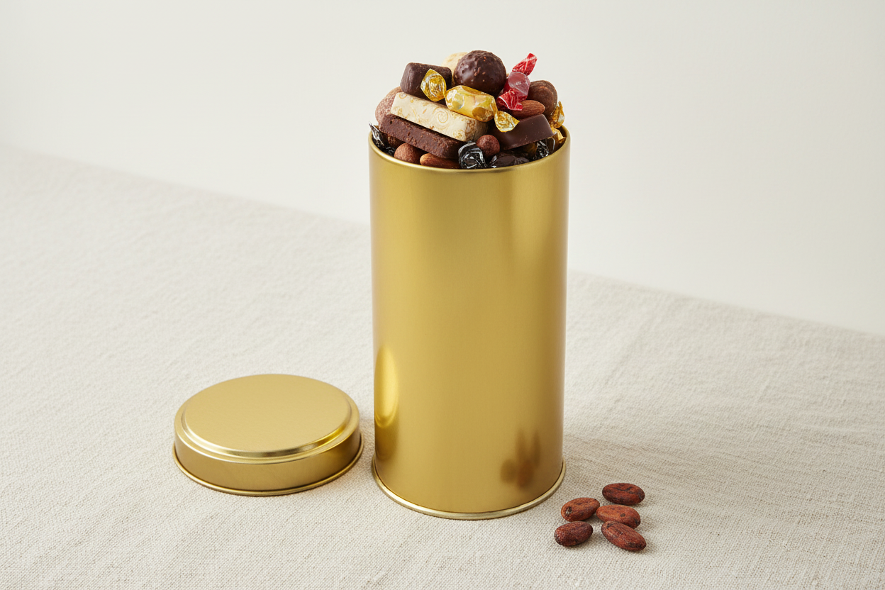 Caja metálica dorada alta abierta con chocolates artesanales y nueces apilados — uso para alimentos gourmet
