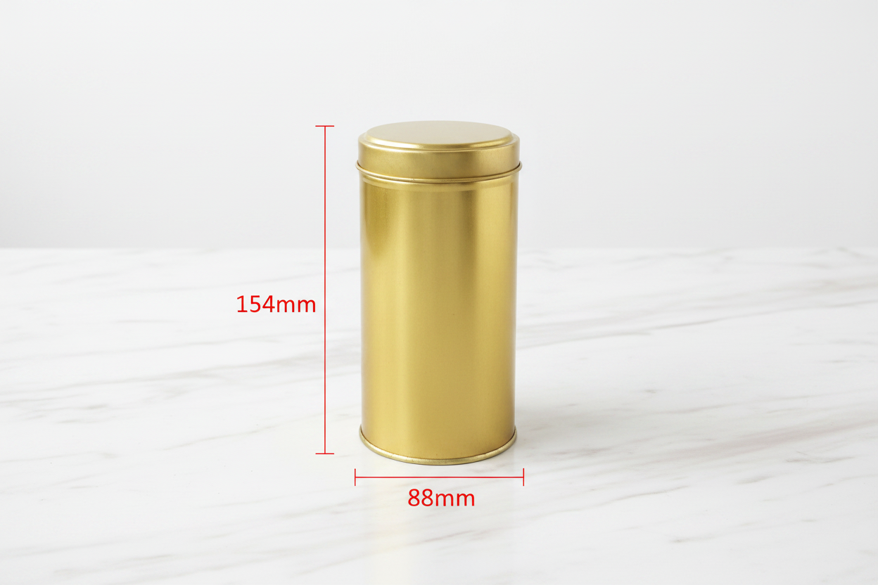 Caja metálica dorada 88mm diámetro x 154mm alto con guías de medidas externas en rojo — dimensiones exactas