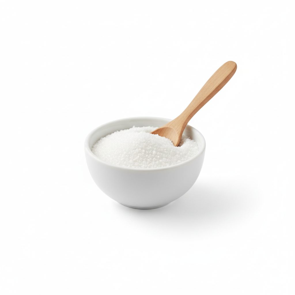 Alulosa cristalina en polvo en bowl blanco con cuchara de madera