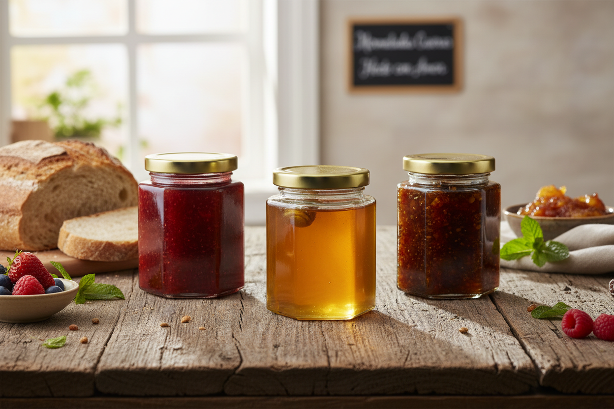 Frascos hexagonales con mermeladas y postres en mesa de desayuno
