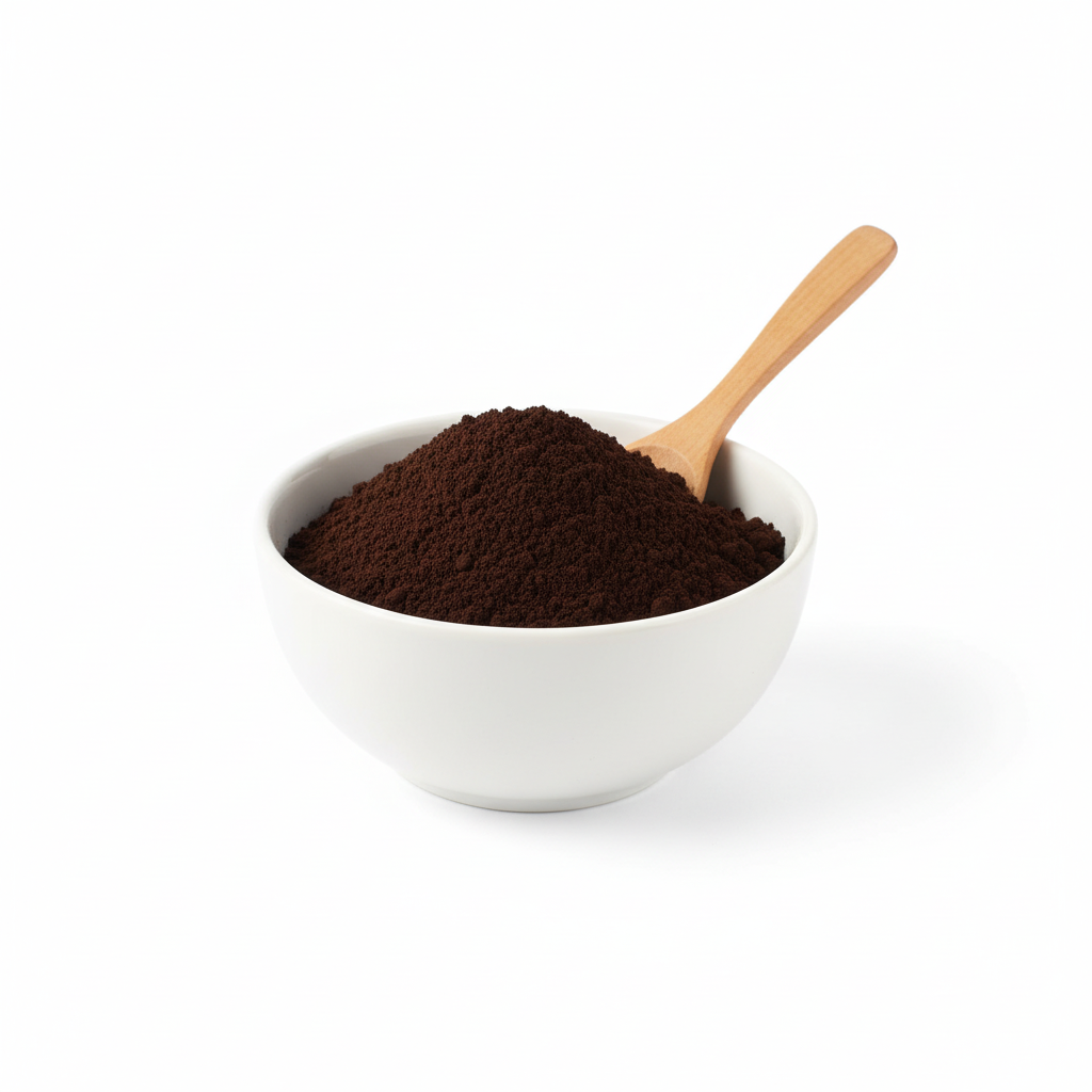 Cocoa en polvo alcalina negra 100% cacao en bowl blanco con cuchara de madera