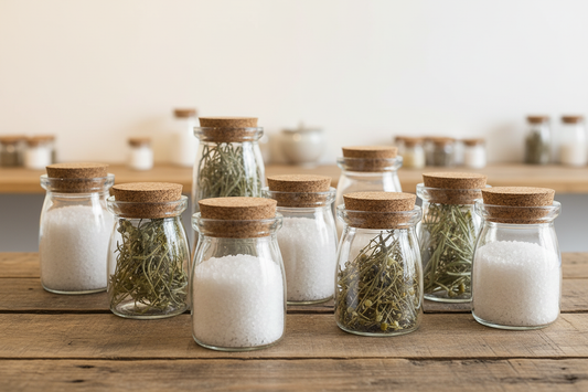 Envases de vidrio transparente 100ml en contexto de tienda gourmet y velas artesanales