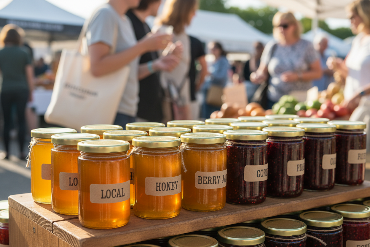 Frascos con productos artesanales en mercado gourmet