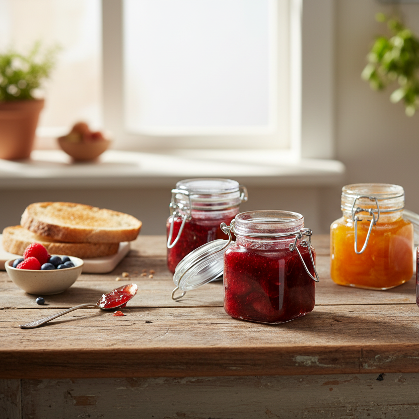 Frascos con cierre clip vintage en mesa de desayuno