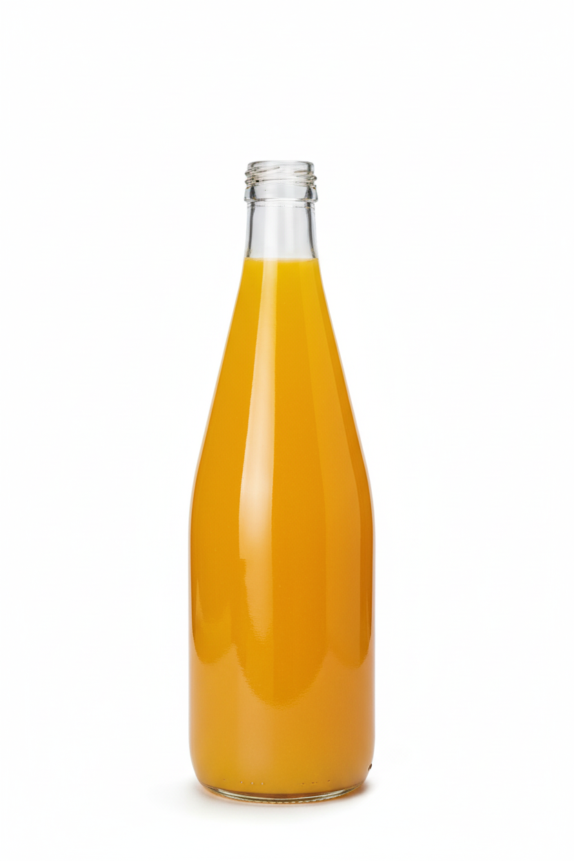 Botella de vidrio transparente 477ml llena con jugo de mango tropical